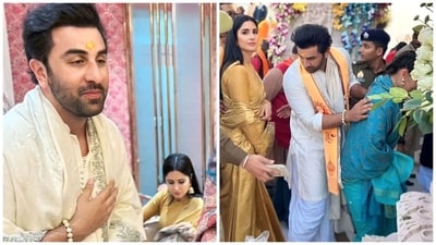 Ranbir Kapoor, Katrina Kaif and Alia Bhatt at Ram Mandir ceremony. Ranbir Kapoor, Katrina Kaif and Alia Bhatt at Ram Mandir ceremony.