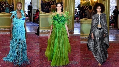 Models parading in Vaishali S's creation at Paris Haute Couture Week.