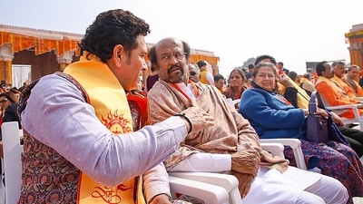 Rajinikanth was one of the VIPs at the Ram Mandir ceremony. He was seen seated next to Sachin Tendulkar. Sachin also shared a video with the star on X and wrote, "Happy to be at the new Shri Ram Mandir in Ayodhya. Its astounding architecture is set to impress anyone who pays a visit. Glad to have received Shri Ram's blessings. #RamMandirPranPrathistha." (PTI) Rajinikanth was one of the VIPs at the Ram Mandir ceremony. He was seen seated next to Sachin Tendulkar. Sachin also shared a video with the star on X and wrote, "Happy to be at the new Shri Ram Mandir in Ayodhya. Its astounding architecture is set to impress anyone who pays a visit. Glad to have received Shri Ram's blessings. #RamMandirPranPrathistha." (PTI)