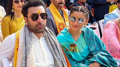 Ranbir Kapoor and Alia Bhatt at the Ram Mandir Pratishtha ceremony, in Ayodhya, (PTI Photo) (PTI) Ranbir Kapoor and Alia Bhatt at the Ram Mandir Pratishtha ceremony, in Ayodhya, (PTI Photo) (PTI)