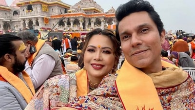 Randeep Hooda and wife Lin Laishram attended the Ram Mandir ceremony in ethnic ensembles. Lin looked lovely in a saree and sindoor and gold jewellery. (PTI) Randeep Hooda and wife Lin Laishram attended the Ram Mandir ceremony in ethnic ensembles. Lin looked lovely in a saree and sindoor and gold jewellery. (PTI)