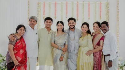 Pooja Kannan's engagement ceremony photos feature Sai Pallavi and family. Pooja Kannan's engagement ceremony photos feature Sai Pallavi and family.