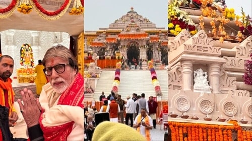 Amitabh Bachchan visited Ayodhya for the Pran Pratishtha ceremony of Ram Lalla at Ram Mandir on Monday. Amitabh Bachchan visited Ayodhya for the Pran Pratishtha ceremony of Ram Lalla at Ram Mandir on Monday.