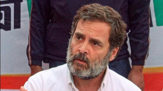Congress MP Rahul Gandhi addresses a press conference during the Bharat Jodo Nyay Yatra in Kamrup district of Assam on Tuesday. (PTI Photo)