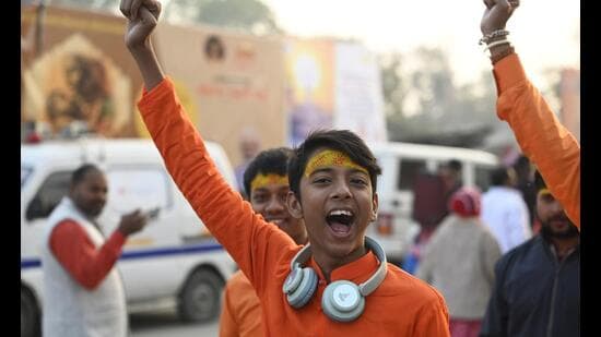 Devotees waiting on Ram Path to visit Ram temple in Ayodhya, on Tuesday. (Deepak Gupta/HT)