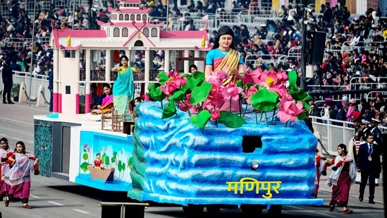 Emphasizing women's vital roles in socio-economic activities, the Manipur tableau will showcase women working with delicate fibers from lotus stems and spinning yarns using traditional 'charkhas'.&nbsp;(HT Photo/Raj K Raj)