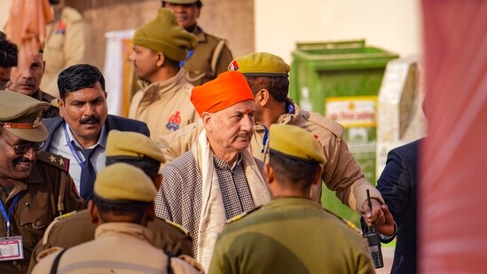 Anupam Kher wore a Kashmiri outfit to the Ram Mandir ceremony. He said on Instagram, "This moment will be remembered. Hail Lord Ram!" He also told ANI, “Historic! Wonderful! I had never seen such an atmosphere for Hindu religion ever before. This is bigger than Diwali. This is the real Diwali.”(PTI)