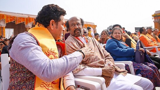 Rajinikanth was one of the VIPs at the Ram Mandir ceremony. He was seen seated next to Sachin Tendulkar. Sachin also shared a video with the star on X and wrote, "Happy to be at the new Shri Ram Mandir in Ayodhya. Its astounding architecture is set to impress anyone who pays a visit. Glad to have received Shri Ram's blessings. #RamMandirPranPrathistha."(PTI)