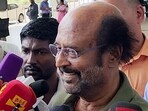 Rajinikanth at Chennai airport on Sunday as he left to attend the Pran Pratishtha ceremony of Ram temple. (ANI) Rajinikanth at Chennai airport on Sunday as he left to attend the Pran Pratishtha ceremony of Ram temple. (ANI)