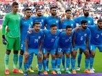 India's starting eleven pose for the group picture before the start of the Qatar 2023 AFC Asian Cup Group B football match 