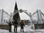Territorial defence unit volunteers patrol the central square of Belgorod. Territorial defence unit volunteers patrol the central square of Belgorod.