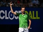 Russia's Daniil Medvedev reacts on a point against Poland's Hubert Hurkacz during their men's singles quarter-final match at Australian Open Russia's Daniil Medvedev reacts on a point against Poland's Hubert Hurkacz during their men's singles quarter-final match at Australian Open