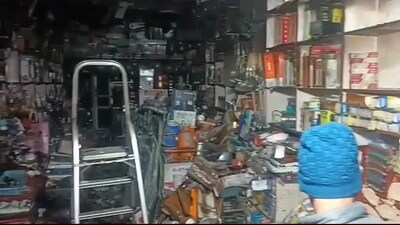 A utensils shop in Sohana after the fire broke out due to short circuit. (HT Photo)