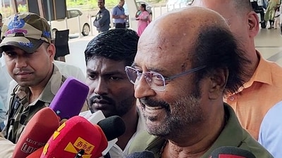 Rajinikanth at Chennai airport on Sunday as he left to attend the Pran Pratishtha ceremony of Ram temple. (ANI) Rajinikanth at Chennai airport on Sunday as he left to attend the Pran Pratishtha ceremony of Ram temple. (ANI)