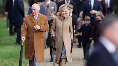 King Charles III (L) and Britain's Queen Camilla (C) arrive for the Royal Family's traditional Christmas Day service. (AFP) King Charles III (L) and Britain's Queen Camilla (C) arrive for the Royal Family's traditional Christmas Day service. (AFP)