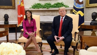 (FILES) US President Donald Trump meets with Nikki Haley, the United States Ambassador to the United Nations in the Oval office of the White House on October 9, 2018 in Washington, DC. (AFP) (FILES) US President Donald Trump meets with Nikki Haley, the United States Ambassador to the United Nations in the Oval office of the White House on October 9, 2018 in Washington, DC. (AFP)
