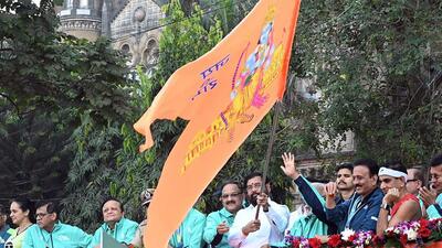 Maharashtra chief minister Eknath Shinde was a flag that says ‘Jai Shree Ram’ in Mumbai. (Maharashtra CMO/ Photo from X) Maharashtra chief minister Eknath Shinde was a flag that says ‘Jai Shree Ram’ in Mumbai. (Maharashtra CMO/ Photo from X)
