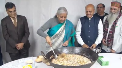 Union finance minister Nirmala Sitharaman participating in traditional 'Halwa Ceremony' on Wednesday in North Block. (ANI) Union finance minister Nirmala Sitharaman participating in traditional 'Halwa Ceremony' on Wednesday in North Block. (ANI)