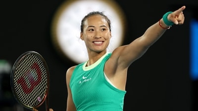 China's Zheng Qinwen celebrates victory against Russia's Anna Kalinskaya during their women's singles quarter-final match on day 11 of the Australian Open (AFP) China's Zheng Qinwen celebrates victory against Russia's Anna Kalinskaya during their women's singles quarter-final match on day 11 of the Australian Open (AFP)