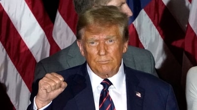 Donald Trump gestures during an Election Night Party in Nashua, New Hampshire, on January 23, 2024 (Photo by TIMOTHY A. CLARY / AFP) (AFP) Donald Trump gestures during an Election Night Party in Nashua, New Hampshire, on January 23, 2024 (Photo by TIMOTHY A. CLARY / AFP) (AFP)