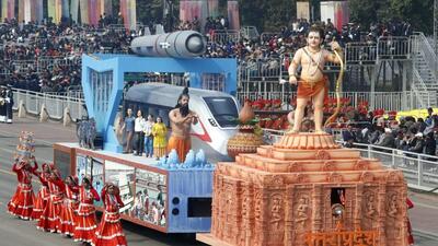 The officials of the state information department released a written statement that it would feature two sadhus with ‘Kalash’, to represent the upcoming Magh Mela in Prayagraj and the Mahakumbh to be held in 2025 (HT Photo) The officials of the state information department released a written statement that it would feature two sadhus with ‘Kalash’, to represent the upcoming Magh Mela in Prayagraj and the Mahakumbh to be held in 2025 (HT Photo)