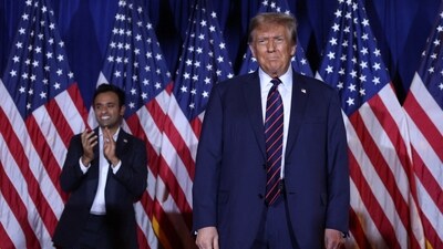 Donald Trump takes the stage with former Republican presidential candidate Vivek Ramaswamy during his New Hampshire presidential primary election night watch party in Nashua New Hampshire. (REUTERS) Donald Trump takes the stage with former Republican presidential candidate Vivek Ramaswamy during his New Hampshire presidential primary election night watch party in Nashua New Hampshire. (REUTERS)