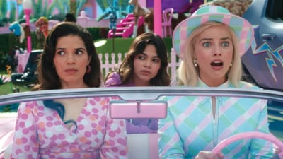 America Ferrera and Margot Robbie in a still from Barbie, directed by Greta Gerwig. America Ferrera and Margot Robbie in a still from Barbie, directed by Greta Gerwig.
