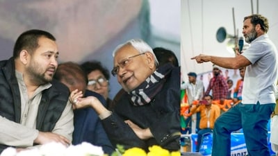Bihar deputy CM Tejashwi Yadav (Left), CM Nitish Kumar, Congress leader Rahul Gandhi. Bihar deputy CM Tejashwi Yadav (Left), CM Nitish Kumar, Congress leader Rahul Gandhi.