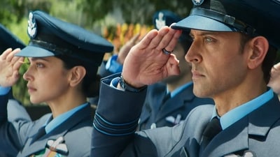 Deepika Padukone and Hrithik Roshan in a still from Fighter trailer.