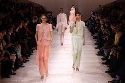 Models present creations by Giorgio Armani Prive during the Women's Haute-Couture Spring/Summer 2024 Fashion Week in Paris on January 23, 2024. (Photo by Emmanuel Dunand / AFP) Models present creations by Giorgio Armani Prive during the Women's Haute-Couture Spring/Summer 2024 Fashion Week in Paris on January 23, 2024. (Photo by Emmanuel Dunand / AFP)