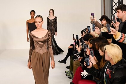 Models present a creation for Alexis Mabille during the Women's Haute-Couture Spring/Summer 2024 Fashion Week in Paris on January 23, 2024. (Photo by Miguel MEDINA / AFP) Models present a creation for Alexis Mabille during the Women's Haute-Couture Spring/Summer 2024 Fashion Week in Paris on January 23, 2024. (Photo by Miguel MEDINA / AFP)