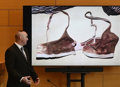Connecticut State Police Sgt. Kevin Duggan shows a blood-like stain found on a bra seized from a trash can on Albany Avenue in Hartford on day eight of Michelle Troconis' criminal trial at Connecticut Superior Court in Stamford, Conn. Tuesday, Jan. 23, 2024. Troconis is on trial for charges related to the disappearance and death of New Canaan resident Jennifer Dulos. (Tyler Sizemore/Hearst Connecticut Media via AP, Pool) (AP) Connecticut State Police Sgt. Kevin Duggan shows a blood-like stain found on a bra seized from a trash can on Albany Avenue in Hartford on day eight of Michelle Troconis' criminal trial at Connecticut Superior Court in Stamford, Conn. Tuesday, Jan. 23, 2024. Troconis is on trial for charges related to the disappearance and death of New Canaan resident Jennifer Dulos. (Tyler Sizemore/Hearst Connecticut Media via AP, Pool) (AP)