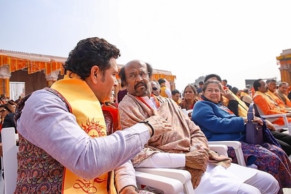 Sachin Tendulkar with Rajinikanth during the Ram Mandir Pran Pratishtha Mahotsav in Ayodhya on Monday. (PTI) Sachin Tendulkar with Rajinikanth during the Ram Mandir Pran Pratishtha Mahotsav in Ayodhya on Monday. (PTI)