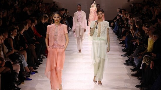Models present creations by Giorgio Armani Prive during the Women's Haute-Couture Spring/Summer 2024 Fashion Week in Paris on January 23, 2024. (Photo by Emmanuel Dunand / AFP) Models present creations by Giorgio Armani Prive during the Women's Haute-Couture Spring/Summer 2024 Fashion Week in Paris on January 23, 2024. (Photo by Emmanuel Dunand / AFP)