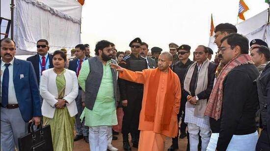 Uttar Pradesh chief minister Yogi Adityanath during an inspection in Bulandshahr on Wednesday. (PTI PHOTO)