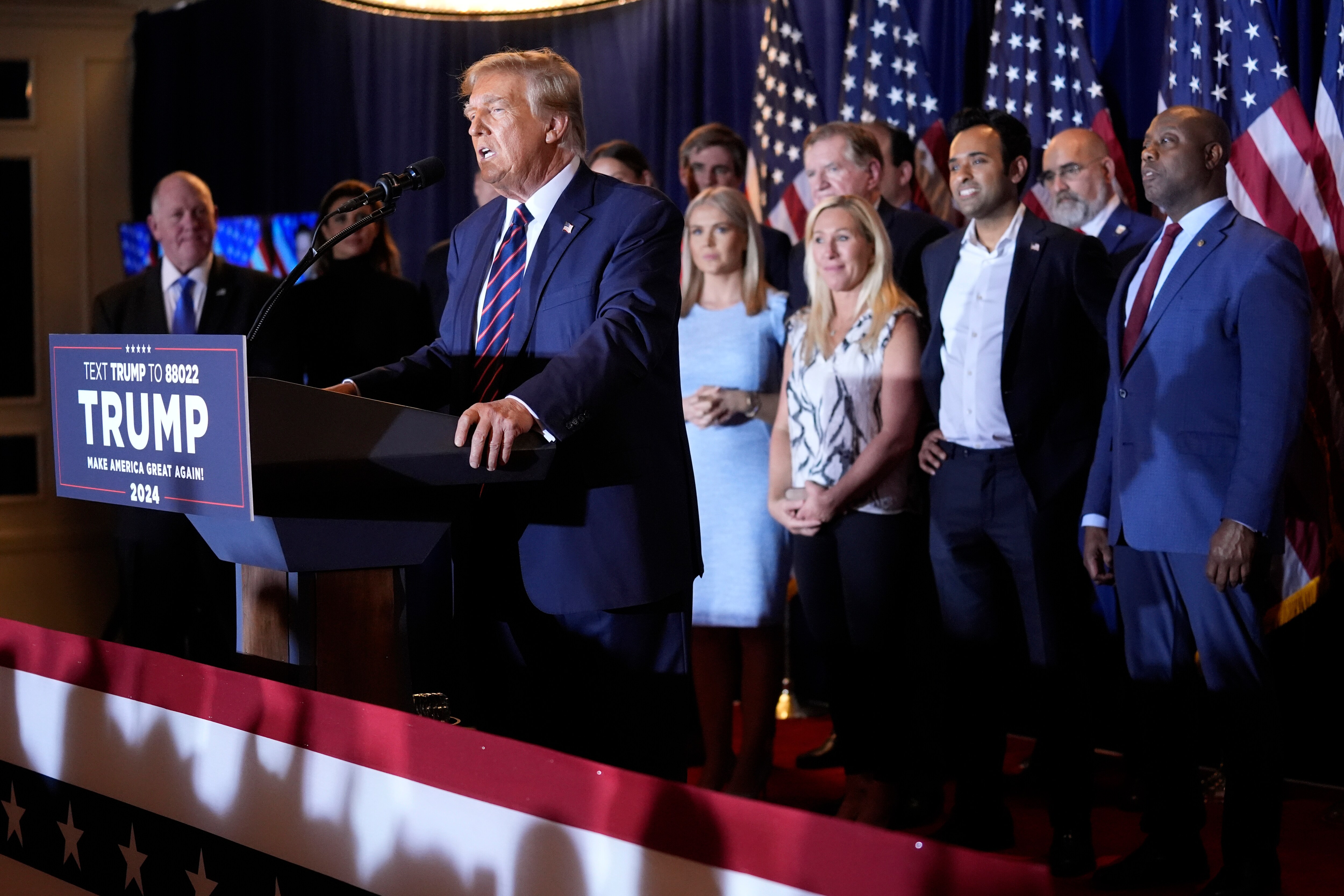 Republican presidential candidate former President Donald Trump speaks at a primary election night party in Nashua, N.H., Tuesday, Jan. 23, 2024. (AP Photo/Matt Rourke) (AP) Republican presidential candidate former President Donald Trump speaks at a primary election night party in Nashua, N.H., Tuesday, Jan. 23, 2024. (AP Photo/Matt Rourke) (AP)