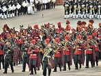 Indian Armed Force bands perform at the Beating Retreat ceremony at Vijay Chowk in New Delhi