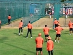 India players attend a practice session at the Rajiv Gandhi International Cricket Stadium in Hyderabad on January 24, 2024, on the eve of their first Test match against England India players attend a practice session at the Rajiv Gandhi International Cricket Stadium in Hyderabad on January 24, 2024, on the eve of their first Test match against England