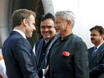 France President Emmanuel Macron being welcomed by External Affairs Minister S Jaishankar on his arrival in Jaipur on Thursday. France President Emmanuel Macron being welcomed by External Affairs Minister S Jaishankar on his arrival in Jaipur on Thursday.
