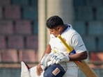 Mumbai player Sarfaraz Khan celebrates his century 