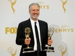 FILE PHOTO: Jon Stewart holds his awards for Outstanding Writing For A Variety Series and Outstanding Variety Talk Series for Comedy Central's "The Daily Show With Jon Stewart" during the 67th Primetime Emmy Awards in Los Angeles, California September 20, 2015.  REUTERS/Mike Blake/File Photo