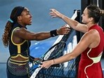 Belarus' Aryna Sabalenka (R) greets USA's Coco Gauff (L) after victory in their women's singles semi-final match 