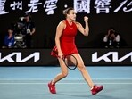 Belarus' Aryna Sabalenka reacts during her semi final match against Coco Gauff of the U.S.