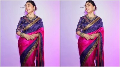 Assisted by celebrity fashion stylist Mohit Rai, Madhuri accessorised her look with traditional Indian jewellery, including a multi-coloured necklace embellished with luxurious emeralds, stacked bangles adorning her wrist and a pair of matching statement stud earrings. (Instagram/@madhuridixitnene) Assisted by celebrity fashion stylist Mohit Rai, Madhuri accessorised her look with traditional Indian jewellery, including a multi-coloured necklace embellished with luxurious emeralds, stacked bangles adorning her wrist and a pair of matching statement stud earrings. (Instagram/@madhuridixitnene)
