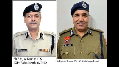 A Haryana Police spokesperson said inspector general (IG, administration) Sanjay Kumar, currently posted at police headquarters, and IG Rajendra Kumar (Rewari Range) will be awarded the President’s Police Medal for distinguished services. (HTPhoto) A Haryana Police spokesperson said inspector general (IG, administration) Sanjay Kumar, currently posted at police headquarters, and IG Rajendra Kumar (Rewari Range) will be awarded the President’s Police Medal for distinguished services. (HTPhoto)