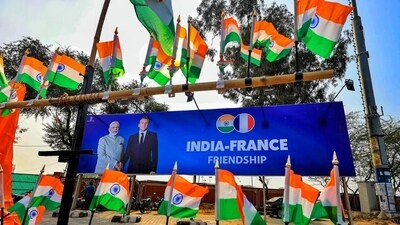A hoarding put up ahead of French President Emmanuel Macron and Prime Minister Narendra Modi’s visit to Jaipur, on Wednesday. (PTI) A hoarding put up ahead of French President Emmanuel Macron and Prime Minister Narendra Modi’s visit to Jaipur, on Wednesday. (PTI)
