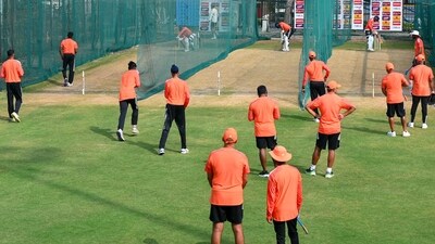 India players attend a practice session at the Rajiv Gandhi International Cricket Stadium in Hyderabad on January 24, 2024, on the eve of their first Test match against England (AFP)