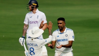 India's Ravichandran Ashwin celebrates with Ravindra Jadeja after taking the wicket of England's Mark Wood (REUTERS)