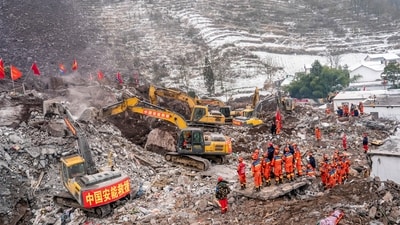 In this photo released by Xinhua News Agency, rescuers carry out operations in Liangshui Village, Tangfang Town in the city of Zhaotong in southwestern China's Yunnan Province, Jan. 23, 2024. Chinese state media say the death toll from a landslide in the remote, mountainous part of southwestern China has risen while more remain missing. (AP)