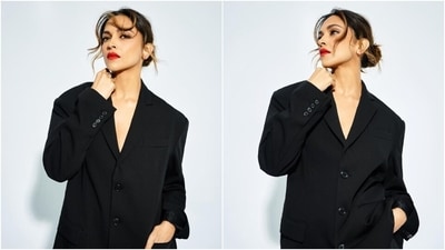 Deepika Padukone's Fighter promotions look in oversized suit and bold red lips. (Instagram) Deepika Padukone's Fighter promotions look in oversized suit and bold red lips. (Instagram)
